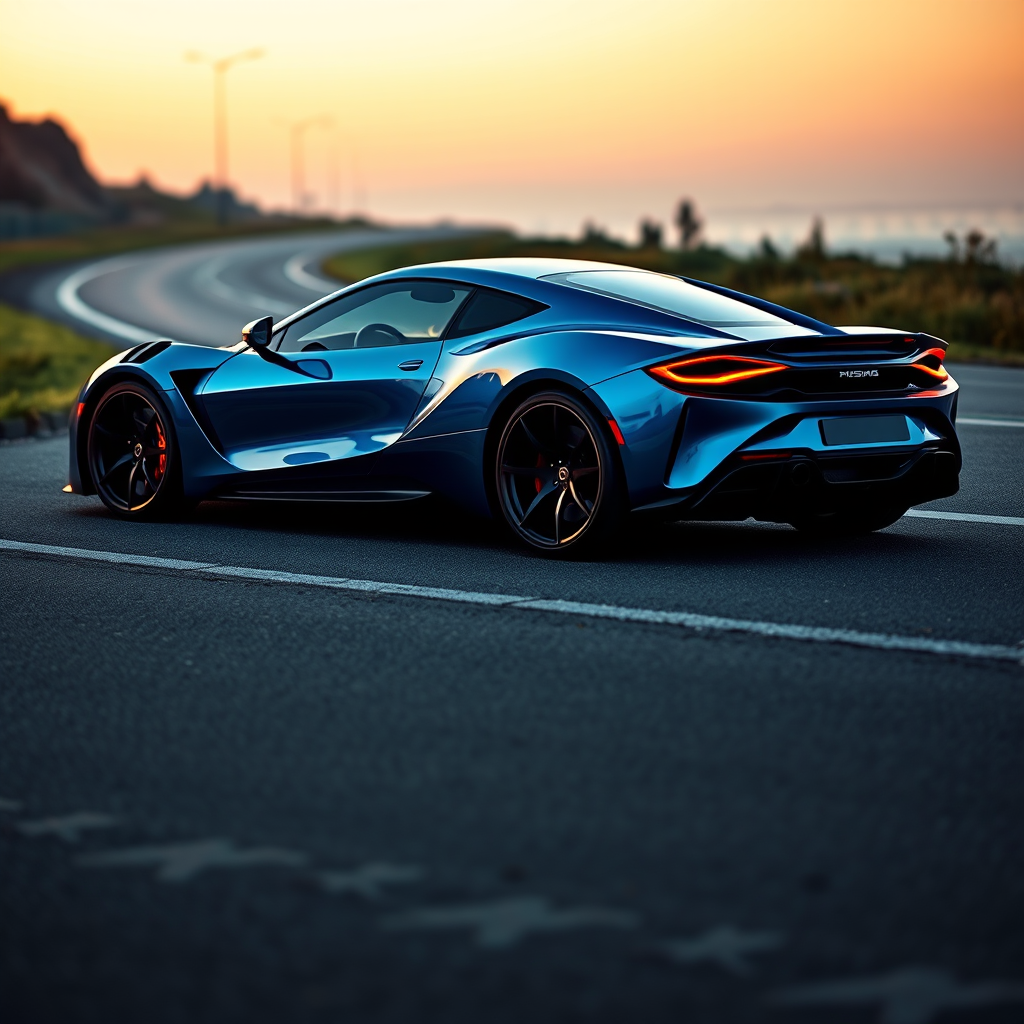 Generate an image of a luxury sports car parked on the side of a road during what appears to be dawn or dusk, given the soft light and shadows. The car should have a sleek design with aerodynamic features, a low-profile stance, and large, alloy wheels. It should display a contemporary color scheme, possibly a unique shade of blue that matches well with the ambient light in the setting. The vehicle's bodywork should gleam, reflecting the surrounding environment, and it should have distinctive lighting accents that enhance its sporty appearance. In the background, there should be a roadside with a grassy embankment on one side and possibly some trees or shrubbery along the edge of the pavement. The overall mood of the image should convey a sense of luxury, speed, and the tranquility of an early morning or late evening drive.