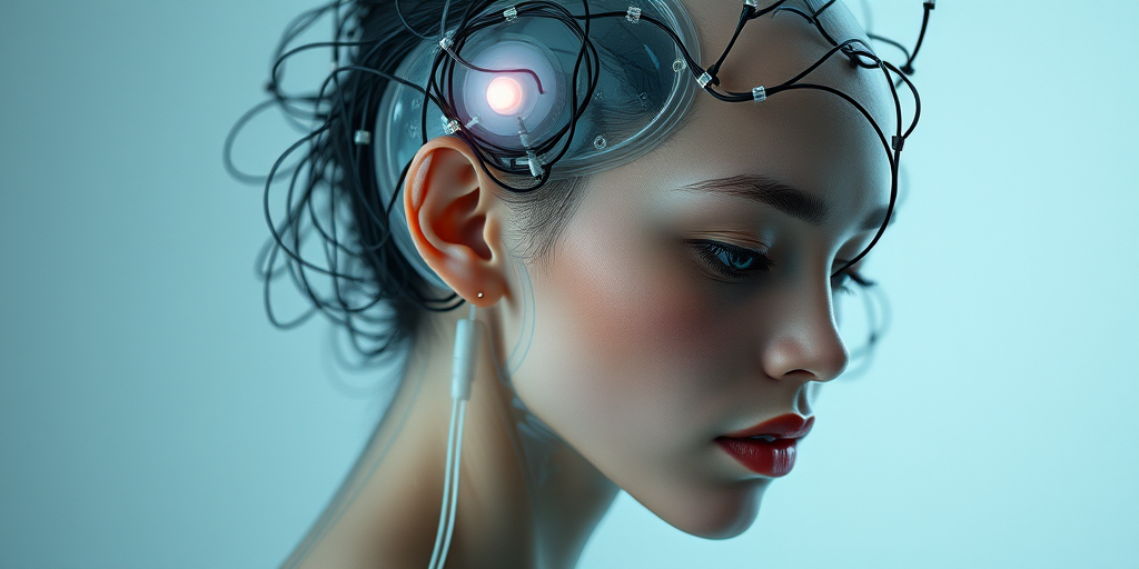 A futuristic, ethereal woman with a translucent body and intricate wire-like connections on her head, shot with a Canon EOS R5 at f/1.8, ISO 100, 50mm lens, in soft diffused lighting, focusing on details with a shallow depth of field.