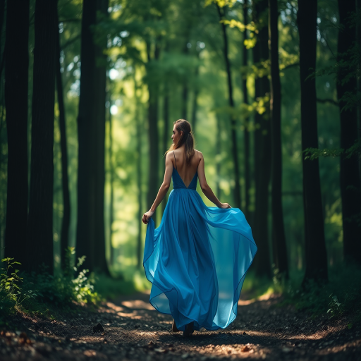 A woman wearing a flowing blue gown walking through a dark green forest with tall trees and soft sunlight filtering through the leaves, captured with a DSLR camera, 50mm lens, f/1.8 aperture, ISO 100, at a shallow depth of field for a dreamy background.