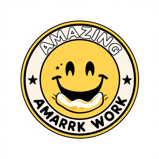 Create an illustration of a circular badge featuring a smiley face with beer in its mouth, surrounded by the words Amazing Work in a playful font, using a Canon EOS R5 camera with a 50mm f/1.2 lens, aperture set to f/2.8 for sharpness, ISO 100 for optimal detail, and a vibrant color palette to enhance visual appeal.