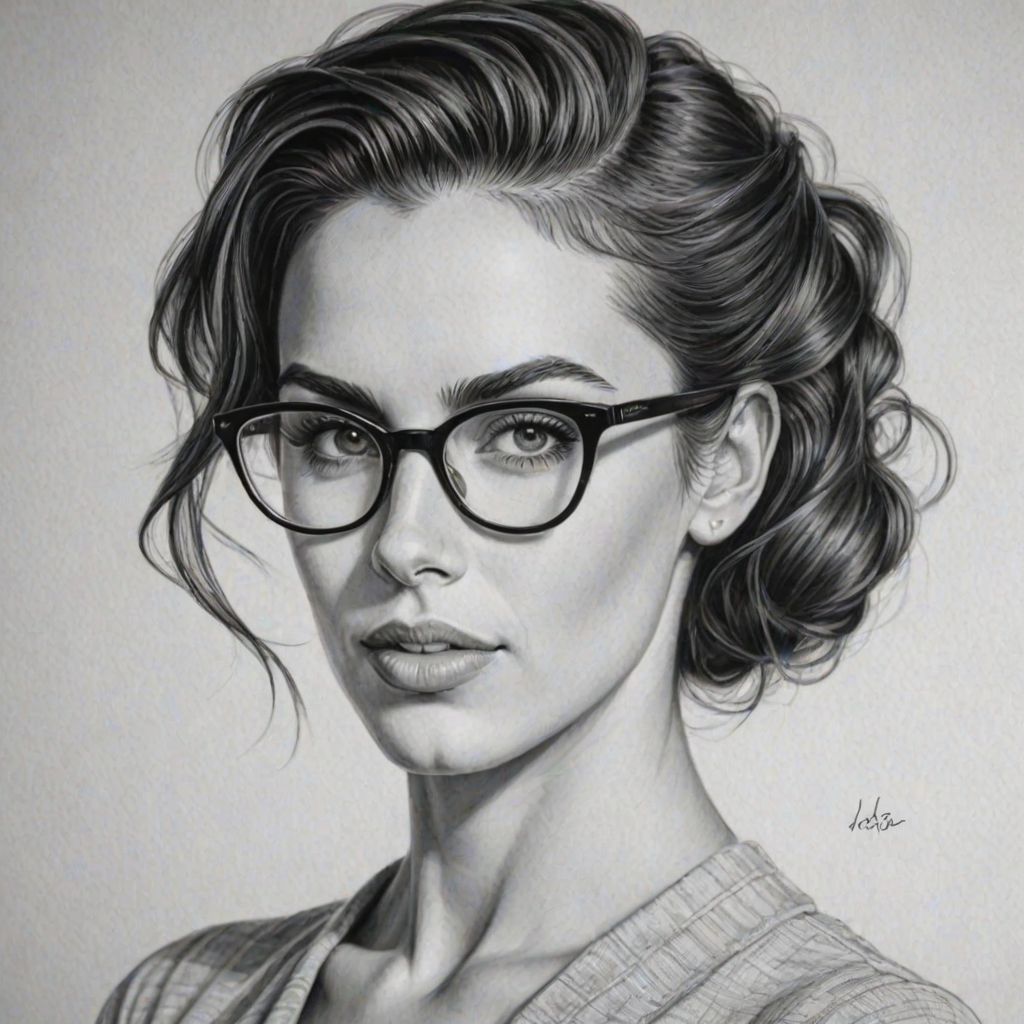 Graceful Jessica Lowndes, pencil sketch, portrait of Appealing woman 1953s in glasses, hair style beatnik, outline, clear lines, fine lines, 8k