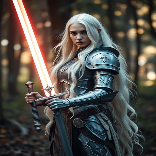 Regenerate an image of a warrior woman with long white hair wearing silver armor, holding a glowing sword, standing in a mystical forest setting, shot with a Canon EOS R5, 50mm lens, f/1.8 aperture, ISO 100, and soft lighting to enhance the magical atmosphere.
