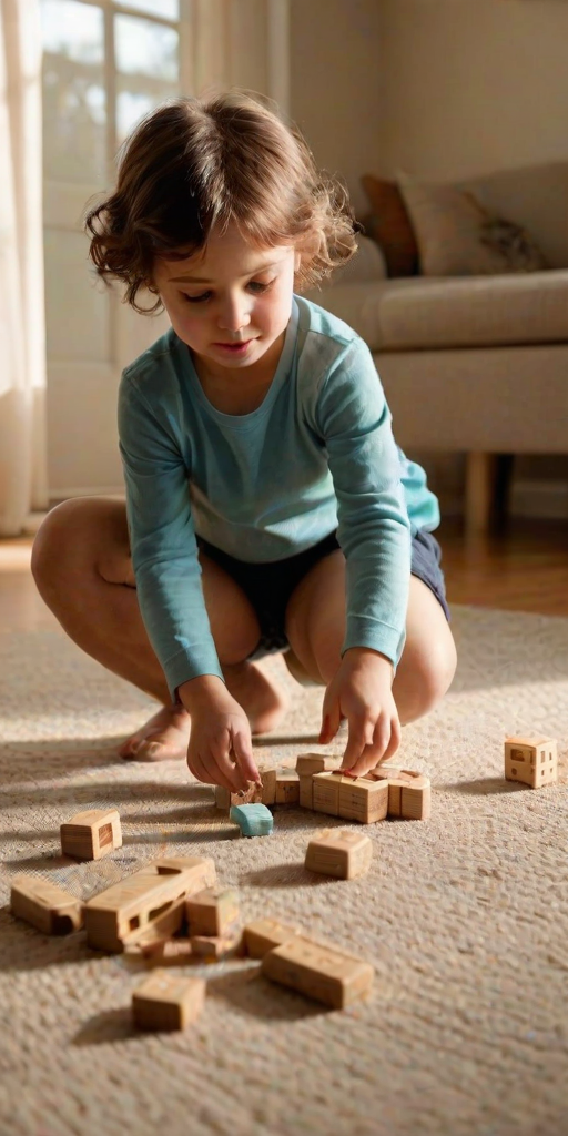 Warm, softly lit image of a child playing with building blocks on a living room floor, soft sunlight streaming through a nearby window, the smell of freshly baked cookies in the background, and a sense of creativity and joy.