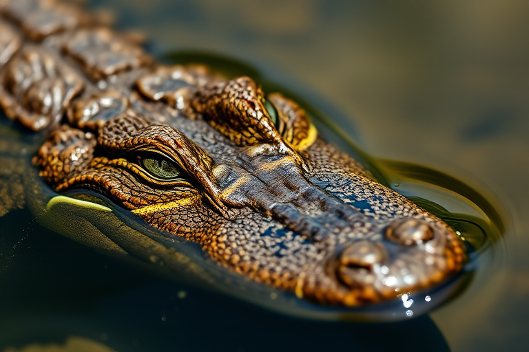 capture a close-up of a crocodile partially submerged in water with a shallow depth of field, using a DSLR camera with a 100mm macro lens, aperture f/2.8, ISO 200, shutter speed 1/250 sec, natural lighting to enhance details and textures