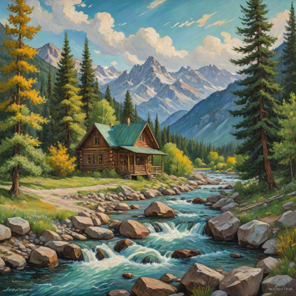 This Van Gogh-inspired painting depicts a peaceful scene of a small cabin located near a flowing river. The scene is surrounded by lush vegetation, including tall trees and rocky terrain. In the background, majestic mountains rise under a sky filled with rolling clouds. The river gently cascades over the rocks, adding a sense of movement and tranquility to the scene. The use of vibrant colors and detailed brushstrokes create a sense of depth and harmony in the natural setting.