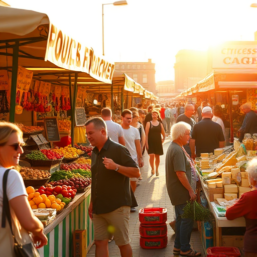 Lively farmer's market, with colorful stalls overflowing with fresh produce, customers chatting and sampling local cheeses, and the warm glow of the sun illuminating the vibrant scene.