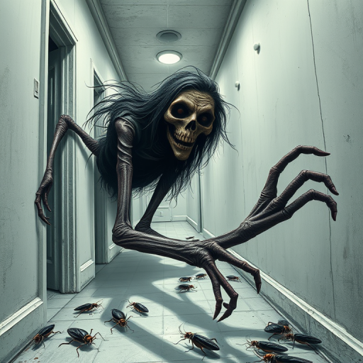 a crooked woman with long arms and a creepy smile is crawling along a long white corridor and you can also see cockroaches in it there is a creepy atmosphere creepy art style