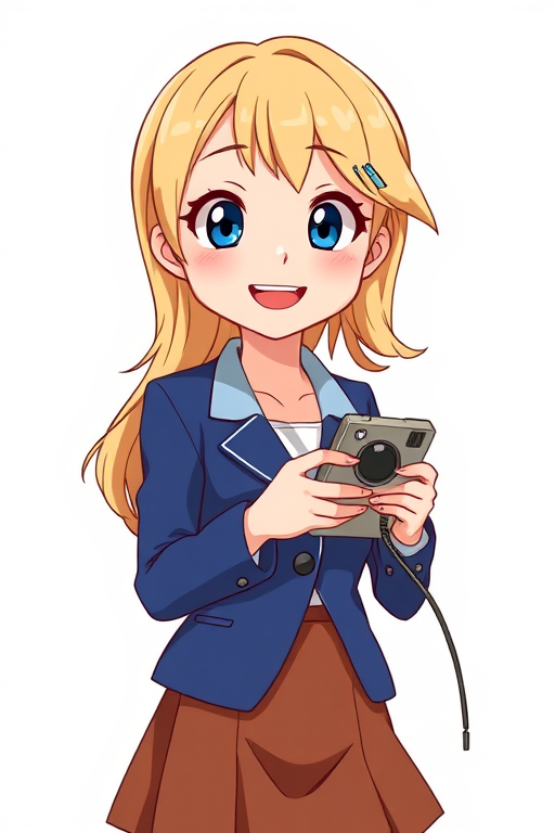 Create a high-resolution cartoon-style image of a girl with blonde hair in a blue blazer and brown skirt, smiling while holding a vintage mobile phone, using a 50mm lens at f/2.8, ISO 100, natural lighting, and a clear background for focus.