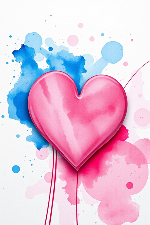 Generate a vibrant watercolor image of three hearts in varying shades of blue and pink, featuring splashes of color in the background, shot with a Canon EOS R5 at f/1.8, focal length 50mm, ISO 100, using a soft focus lens to enhance the artistic quality.