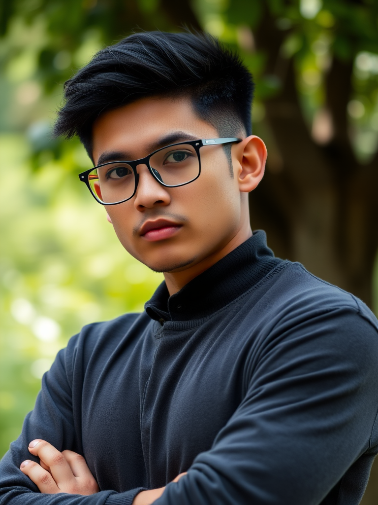 portrait of a contemplative young man with crossed arms wearing glasses, shot with a Canon EOS 5D Mark IV, 85mm lens, aperture f/1.8, ISO 100, natural lighting, shallow depth of field, outdoor setting with lush greenery in the background