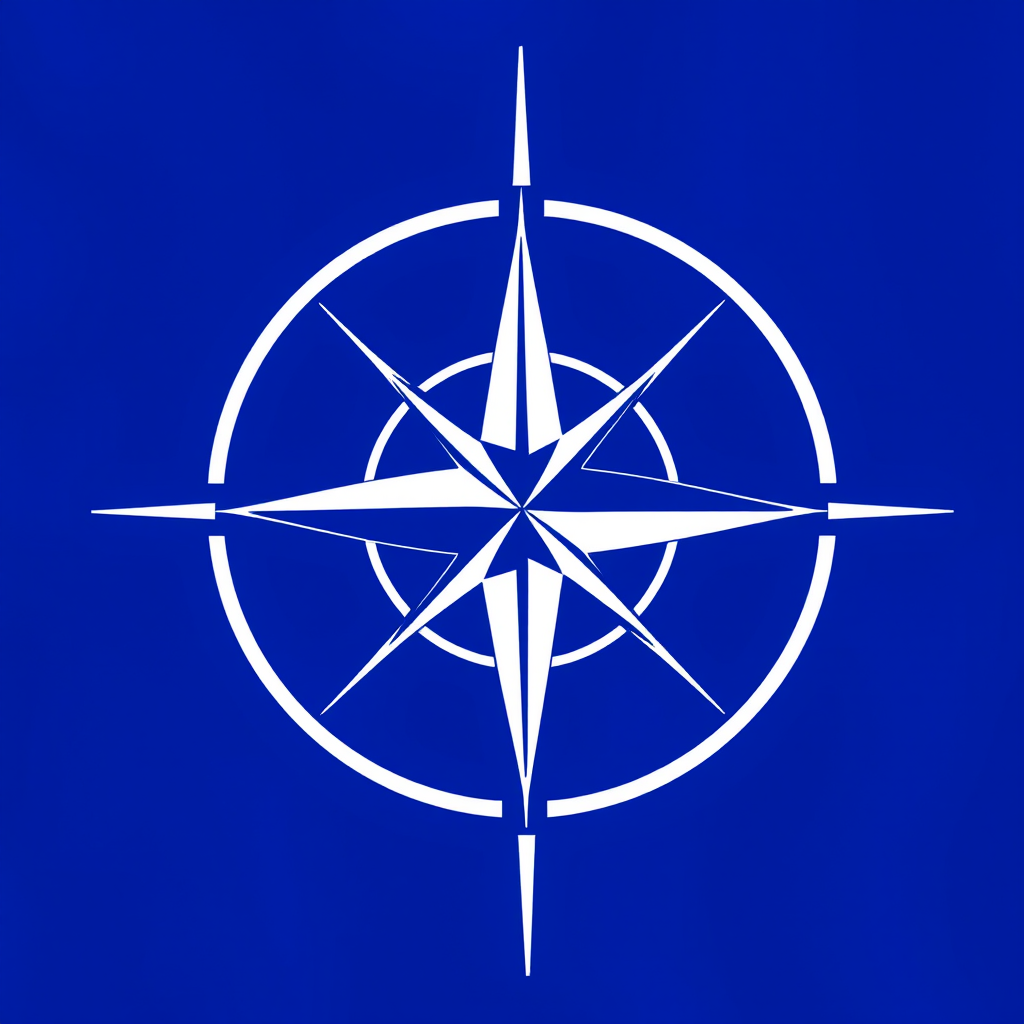 Generate a high-resolution image of the NATO flag featuring a deep blue background with a white compass rose in the center, using a DSLR camera with a 50mm lens at f/8 aperture, 1/250 shutter speed, and an ISO of 100, taken from a frontal view.