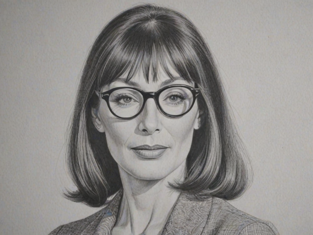 Fascinating Anjelica Huston, pencil sketch, portrait of Exquisite woman 1963s in glasses, hair style beatnik, outline, clear lines, fine lines, 8k