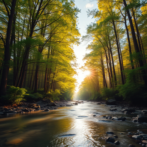 Create an image of a serene, sunlit forest scene with a clear, gently flowing river. Tall trees with lush green foliage line both sides of the river, their leaves bathed in the warm golden light of the setting or rising sun. The sunlight filters through the trees, casting soft, dappled light on the river, which flows over smooth rocks and pebbles, creating a peaceful, natural atmosphere. The sky is bright with a few scattered clouds, and the overall mood is tranquil, evoking a deep sense of connection with nature. The image captures the beauty of a calm, pristine forest landscape at either dawn or dusk.