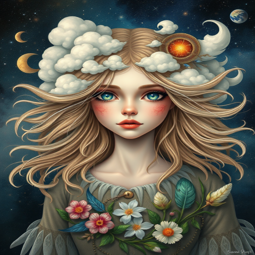 Create a series of imaginative portraits where each subject is infused with elements of fantasy and nature. The hair of the individuals should flow like clouds, varying from soft, fluffy cumulus to wispy cirrus strands, with hints of color reflecting a sunset or a clear blue sky. The eyes should be windows to entire galaxies, with stars, nebulae, and distant planets visible within them. Clothing should be adorned with nature motifs, such as floral patterns that bloom and change, vines that seem to grow and wrap around, or feathers that shimmer with iridescence. Each portrait should capture a unique personality, blending human features with the ethereal beauty of the natural and cosmic world. The backgrounds can vary, from starry night skies to enchanted forests, adding depth and context to the magical realism of the portraits