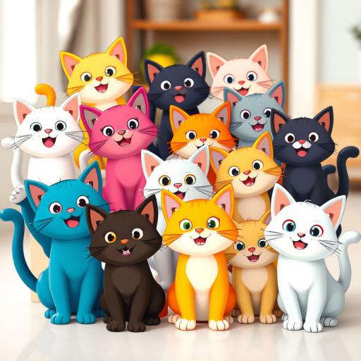 Create an array of playful cartoon cats in various colors, with each cat displaying a unique expression and pose, captured using a DSLR camera at f/8 aperture, ISO 200, shutter speed of 1/125s, in a bright well-lit environment with a slight vignette effect for depth.