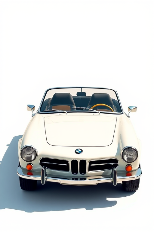 Generate a high-quality illustration of a vintage BMW roadster with a white body and black convertible top, using a DSLR camera with a 50mm lens, f/1.8 aperture, ISO 100, in a three-quarter front view, with soft natural lighting to enhance details and reflections.