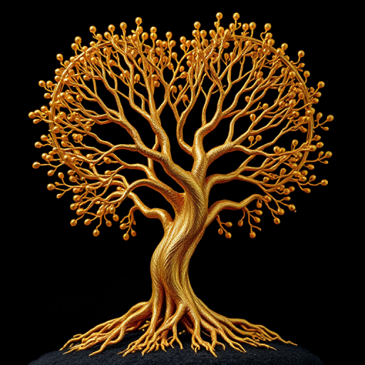 Create an image of a heart-shaped tree made of gold with intricate branches and roots, focus on high detail and vibrant color, using a Canon EOS R5, with a 50mm lens, f/1.8 aperture, 1/125 shutter speed, ISO 100, shot in macro style against a black background for high contrast.