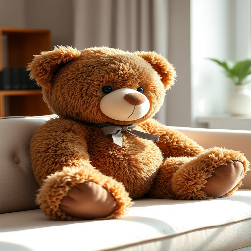 A large, fluffy brown teddy bear sitting on a modern white sofa in a softly lit room, captured with a DSLR camera using a 50mm lens at f/1.8, ISO 100, 1/200 sec, in natural light to enhance texture and warmth.