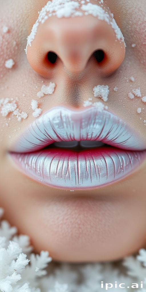 Frosted white lips with a pearlescent finish, reminiscent of freshly fallen snow, creating a winter wonderland-inspired look for a holiday-themed photoshoot