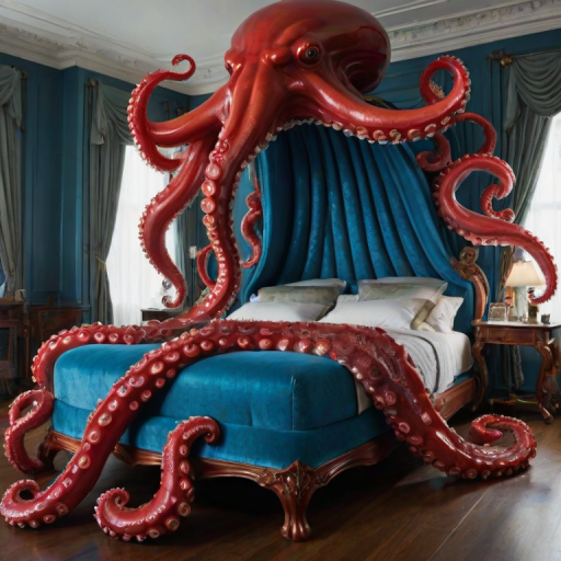 The image is a photograph of an extraordinary, opulent bedroom with a surreal, fantastical underwater blue design. The centerpiece of the room is a bed shaped like a giant octopus, with a head that serves as the headboard and eight large, stylized tentacle-like legs supporting the bed. The bed's headboard and legs are a glossy, shiny red, while the tentacles are a deep, rich red with white suckers. The bed frame and mattress are part of the octopus body.