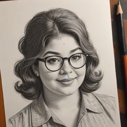 Bewitching Raini Rodriguez, pencil sketch, portrait of Elegant woman 1967s in glasses, hair style beatnik, outline, clear lines, fine lines, 8k