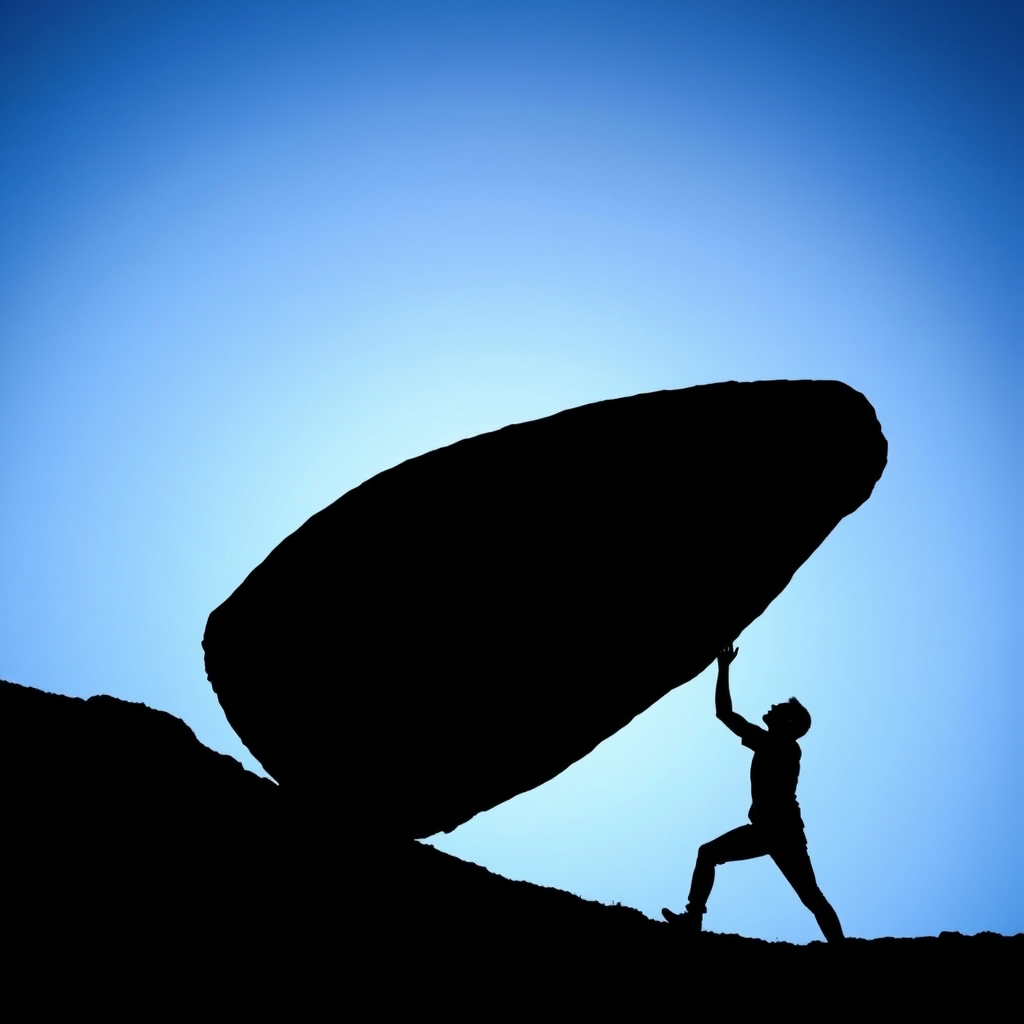 Create a silhouette image of a person pushing a large boulder up a hill against a gradient blue background, captured with a DSLR camera at f/4, ISO 100, 1/200 sec, using a wide-angle lens at a low angle to emphasize the struggle and height.