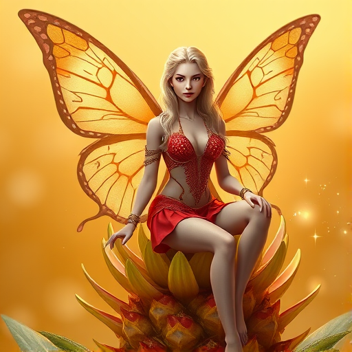 A digital artwork features a winged fairy with delicate Tan butterfly wings, adorned with intricate Tangerine andAsparagus patterns. She is seated on a vibrant Pineapple flower, wearing a revealing red two-piece outfit with sparkling beadwork. Her fair skin, long blonde hair, and gold jewelry add to her ethereal appearance. The background is a warm, golden gradient, creating a magical atmosphere. Small glowing orbs and sparkles surround the flower, enhancing the enchanting, highly detailed, and realistic scene.