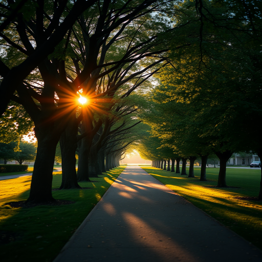 A scenic view of a tree-lined pathway during golden hour with soft sunlight filtering through the leaves, captured using a DSLR camera with a 50mm lens at f/2.8, ISO 200, at a shutter speed of 1/125 sec, in landscape orientation.