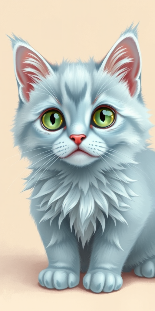 Create a detailed illustration of a fluffy light blue cat with big green eyes, set against a soft beige background, use a Canon EOS R5 camera with a 50mm f/1.8 lens, shoot in portrait view, and apply digital painting techniques for a soft, textured look.