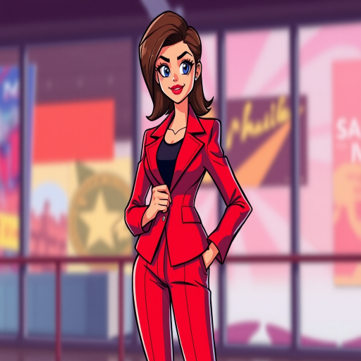 Create a high-resolution cartoon image of a confident woman in a stylish red suit, standing with one hand on her jacket, with a bright and colorful background, using a DSLR camera with a 50mm lens, f/1.8 aperture, ISO 200, and natural lighting to enhance the image quality.