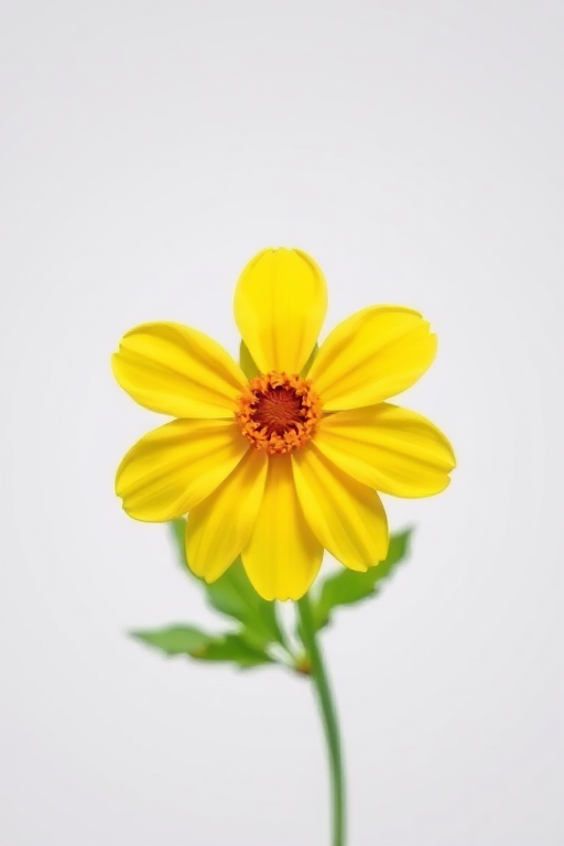 create an image of a stylized flower with a yellow petal design and an orange center, using a DSLR camera, aperture f/2.8, shutter speed 1/125s, ISO 100, top-down view, bright lighting, high saturation, digital illustration style