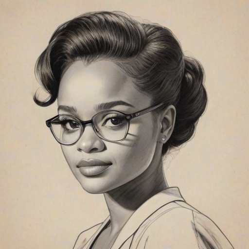 Radiant Kyla Pratt, pencil sketch, portrait of Delightful woman 1958s in glasses, hair style beatnik, outline, clear lines, fine lines, 8k