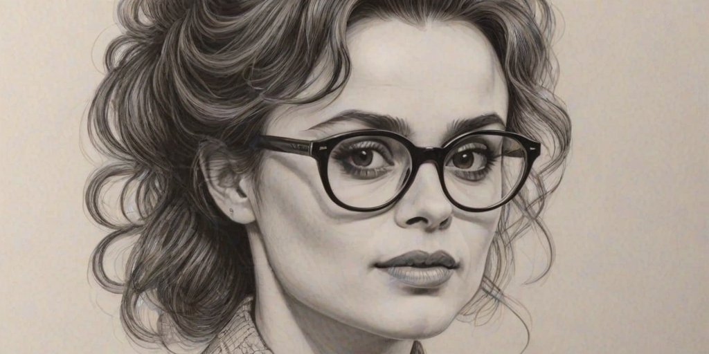 Resplendent Helena Bonham Carter, pencil sketch, portrait of Radiant woman 1961s in glasses, hair style beatnik, outline, clear lines, fine lines, 8k