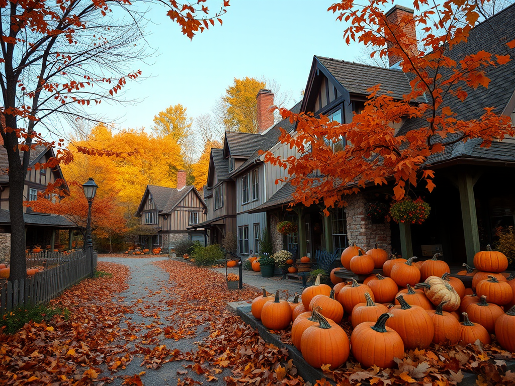 Autumn village scene with houses and pumpkins, vibrant orange leaves, warm lighting, 50mm lens, f/8 aperture, ISO 100, slight vignette for focus, shot with a digital DSLR camera from a low angle for depth.