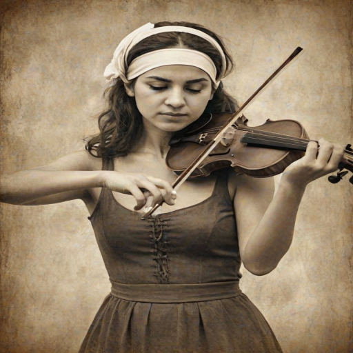 a young Turkish woman with a white headband playing a violin, in the style of a charcoal drawing, sepia grunge background