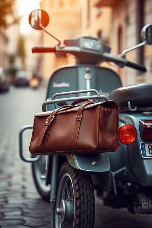 Create a high-resolution image of a vintage scooter with a sidecar, showcasing a brown leather luggage bag in the sidecar, taken from a low angle perspective using a DSLR camera with a 35mm lens, aperture f/2.8, ISO 200, and a slight vignette effect to enhance contrast.