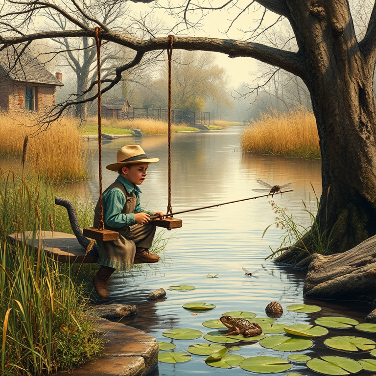 Imagine a small group of old fashioned young boys out fishing by the creek, a swing hanging from a tree branch, reeds and grasses by the water's edge, a frog sitting on a lily pad, dragonflies hovering over som water plans, a very iconic old fashioned scene reminiscent of a Norman Rockwell painting style