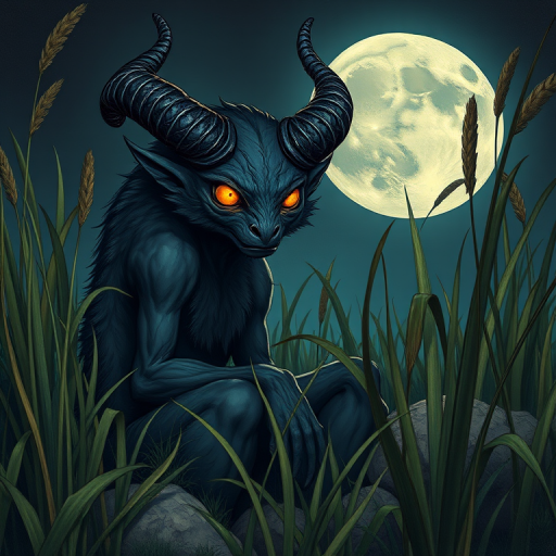 Create a detailed illustration of a dark, horned creature with glowing orange eyes sitting among tall grass and foliage, a large moon in the background, use a Canon EOS R5 with a 50mm lens, aperture f/1.8, ISO 100, natural lighting, focus on texture and color vibrancy.