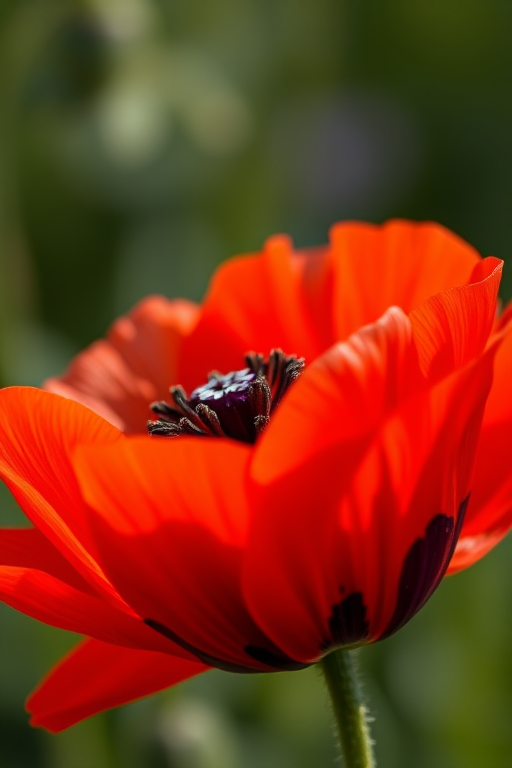 high-resolution close-up of a vibrant red poppy flower with detailed petals and dark spots, ISO 100, f/2.8, 50mm lens, macro photography, soft natural lighting, DSLR camera