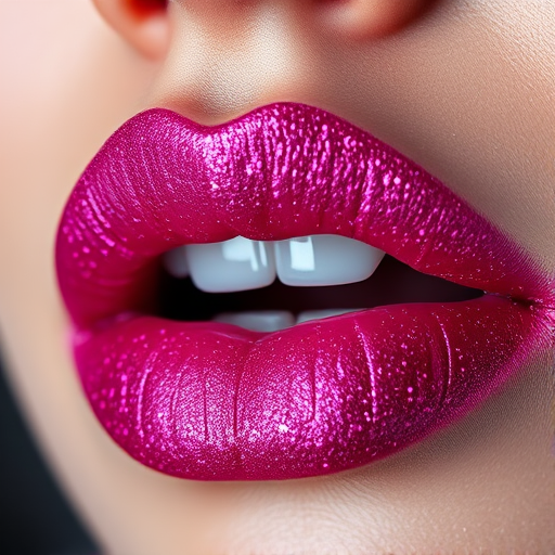 Dazzling representation of glitter-infused magenta lips, showcasing vibrant color and sparkling texture in macro detail