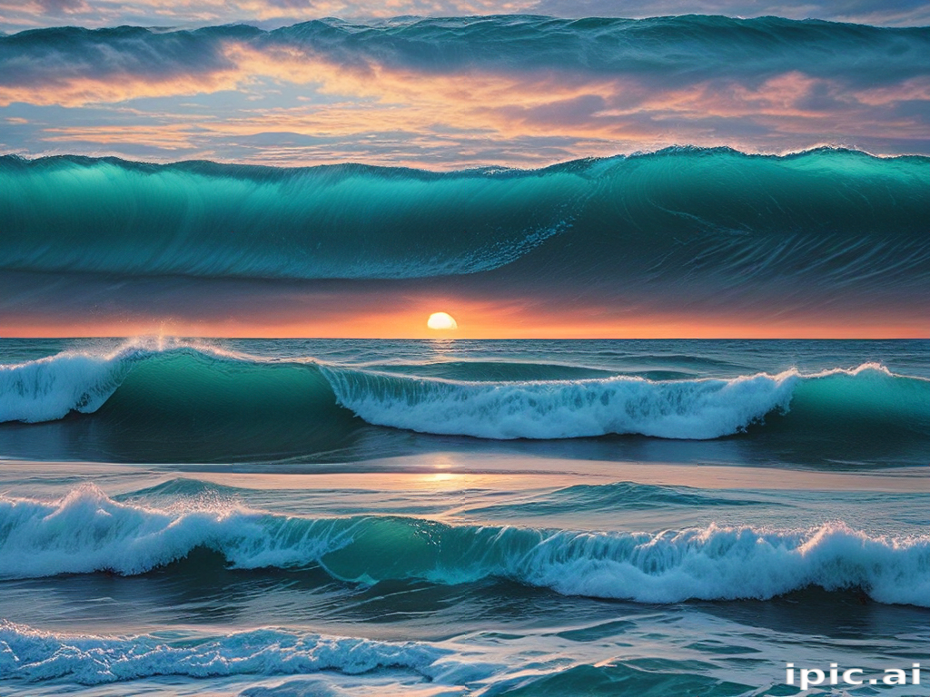 Majestic Waves and a Vibrant Sunset Over the Tranquil Ocean