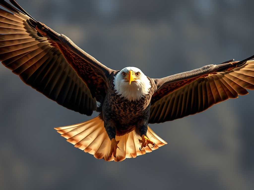 Create a highly detailed illustration of an eagle in flight with sharp, contrasting features, using a DSLR camera with a 50mm lens, f/2.8 aperture, ISO 100, shot at a 45-degree angle to highlight wing structure, in high dynamic range style for vibrant colors and depth.
