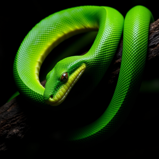 Create an image of a vibrant green snake coiled around a dark, textured branch in a dimly lit environment, focusing on the snake's intricate scales and the contrast between the green and the brown of the branch.