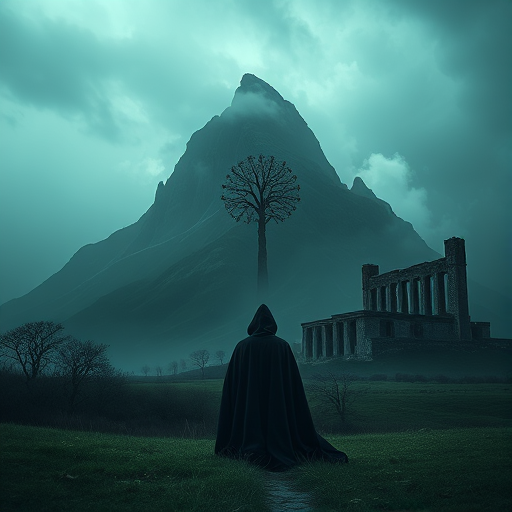 Generate a dark fantasy landscape with a figure in a cloak facing a looming mountain and an ancient structure, using a Canon EOS R5 with a 24-70mm lens, aperture f/8, shutter speed 1/125, ISO 100, capturing a dramatic low angle view with enhanced contrast and moody atmosphere.