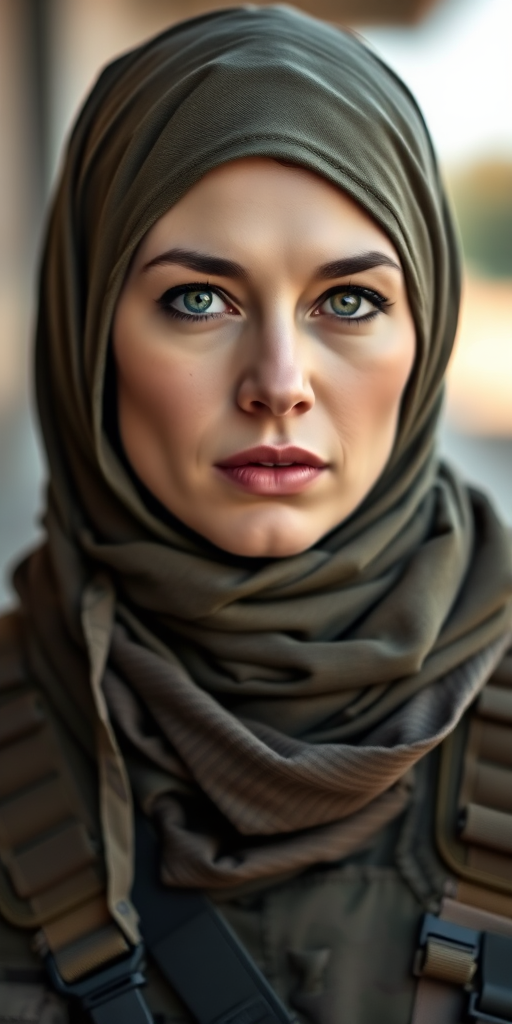 Portrait of a woman dressed in tactical military attire, wearing a scarf and head wrap, with a serious expression, shot in natural light, 85mm lens, aperture f/1.8, ISO 200, shallow depth of field, soft background blur, high-resolution DSLR camera.