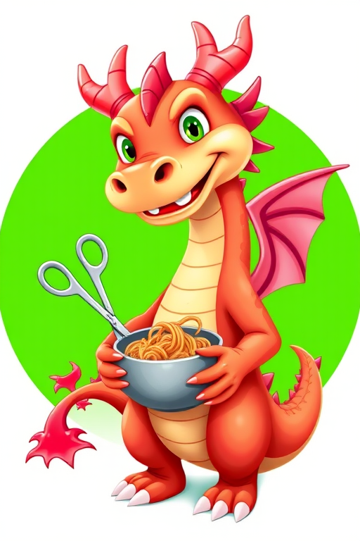 Create a colorful cartoon dragon character holding a bowl of noodles and a pair of scissors, set against a bright green circular background, using a DSLR camera, 50mm lens, f/2.8 aperture, 1/100 shutter speed, and vibrant colors to enhance image quality.