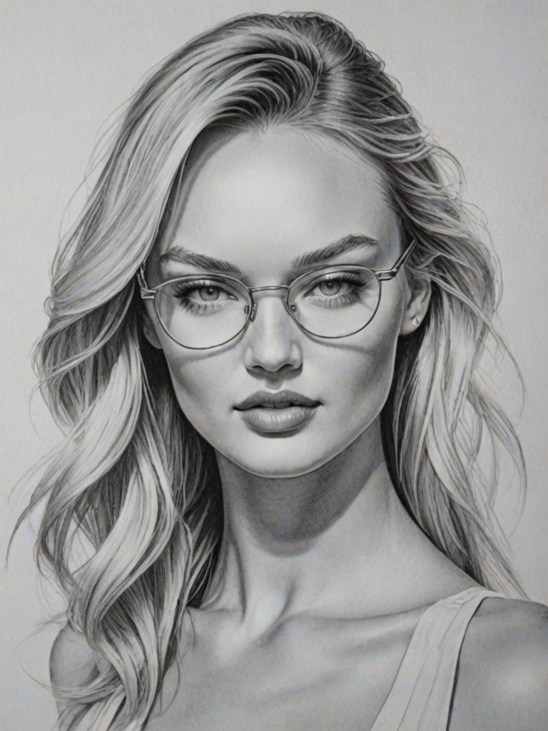 Wonderful Candice Swanepoel, pencil sketch, portrait of Radiant woman 1921s in glasses, hair style beatnik, outline, clear lines, fine lines, 8k