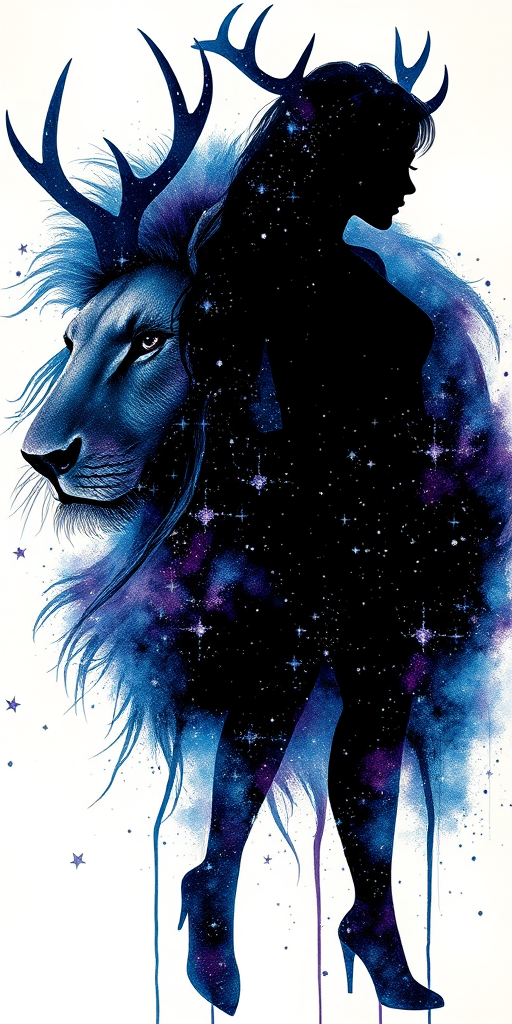 Captivating conceptual render alcohol ink art, double exposure, the paint strokes artfully merge combining a woman's full silhouette with a Elegant elk's silhouette. The figures are composed of a series of colored dots, lines & spots that evoke the image of a cosmic galaxy, colors are deep shades of blue purple & black with flashes of white & silver representing distant stars. The woman's silhouette is formed within the lion's silhouette from constellations of scattered stars, surreal