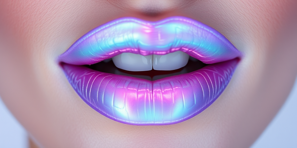 Iridescent holographic lips shifting between lavender and mint green, creating a futuristic and ethereal look that captivates the imagination