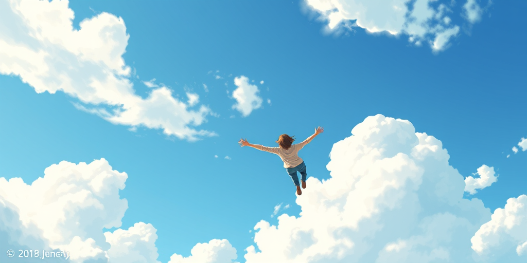 create an illustration of a person flying through a clear blue sky with fluffy white clouds, use a digital art style, set the camera to a wide-angle lens, aperture f/8, ISO 100, and a high-resolution output.